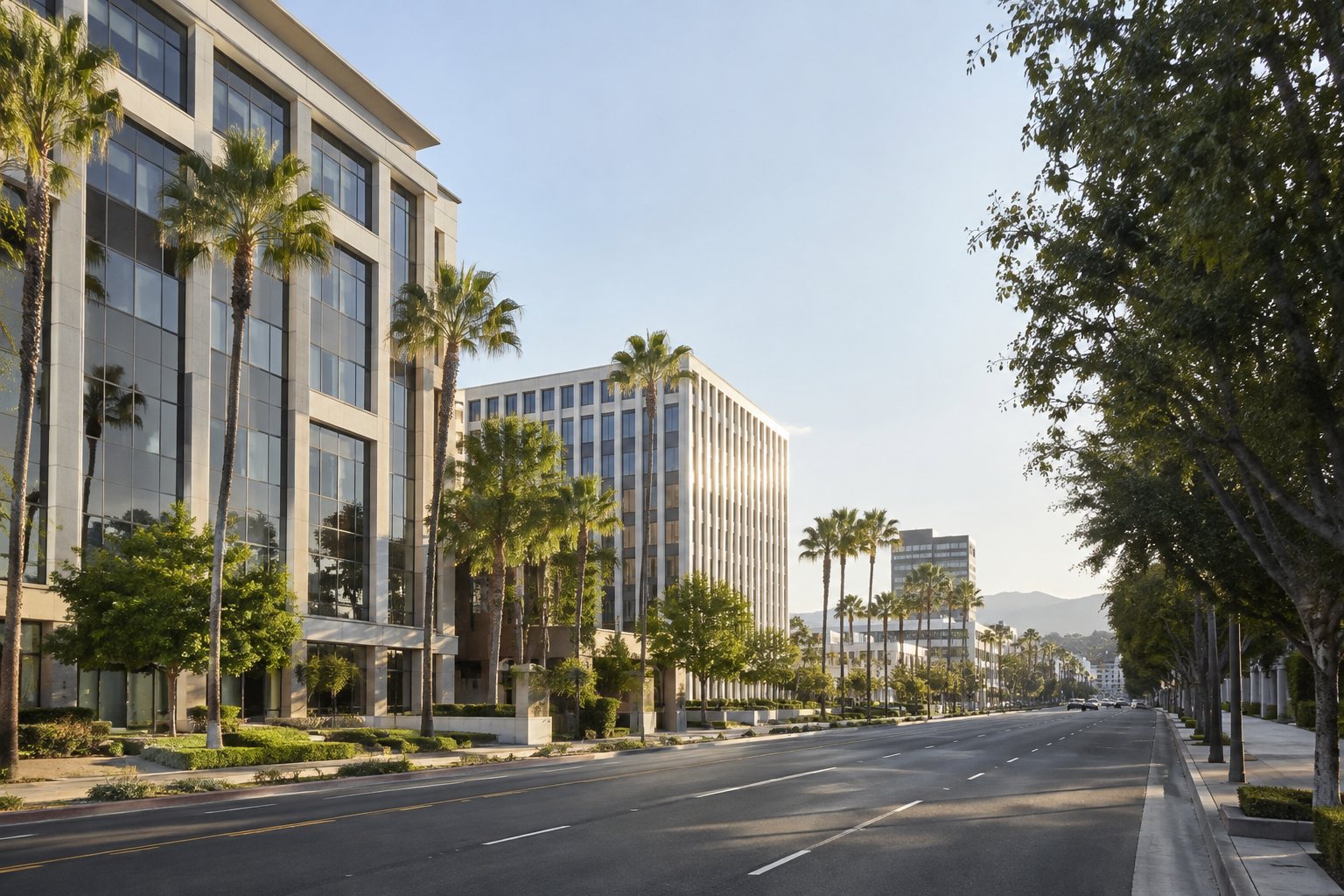 A Los Angeles Westside streetscape with office buildings, illustrative