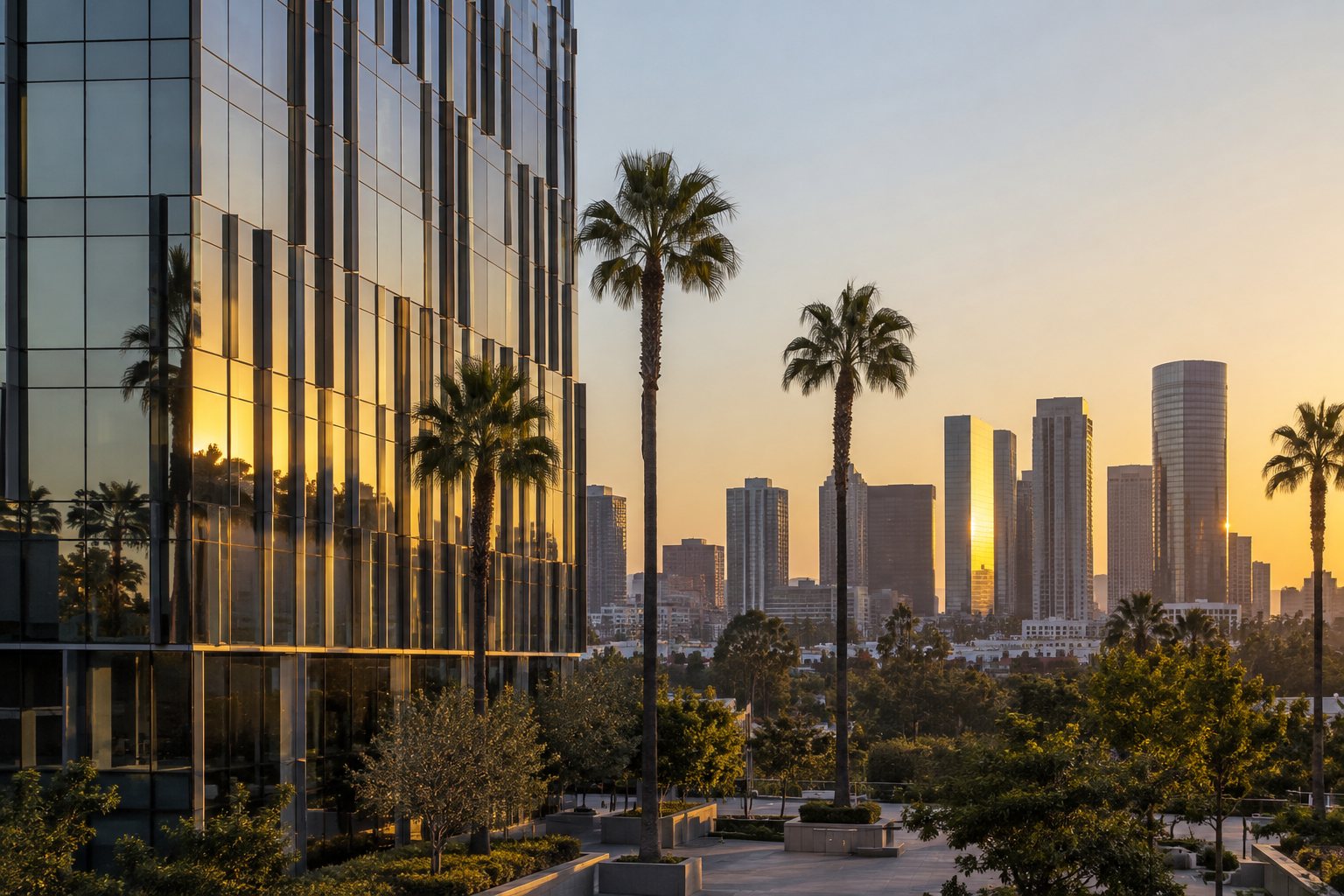 A modern Los Angeles Westside office building at golden hour, illustrative