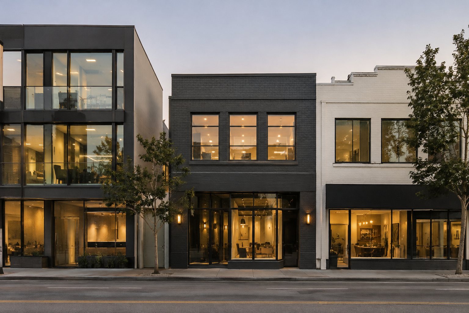 Los Angeles commercial buildings at dusk, illustrative